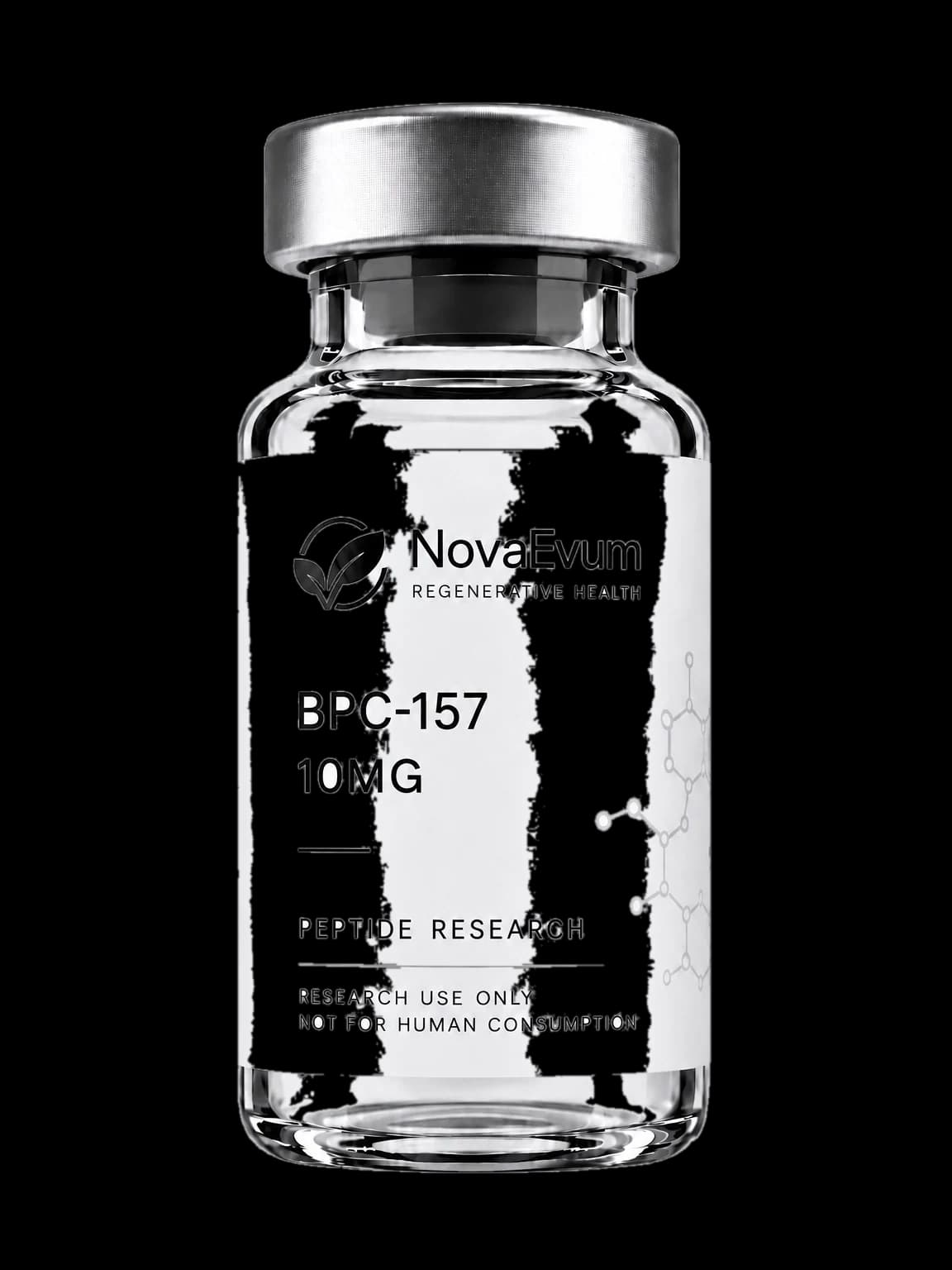 A 10 mg BPC-157 vial: clear glass with a silver crimped cap, labelled BPC-157 10MG, peptide research, research use only.