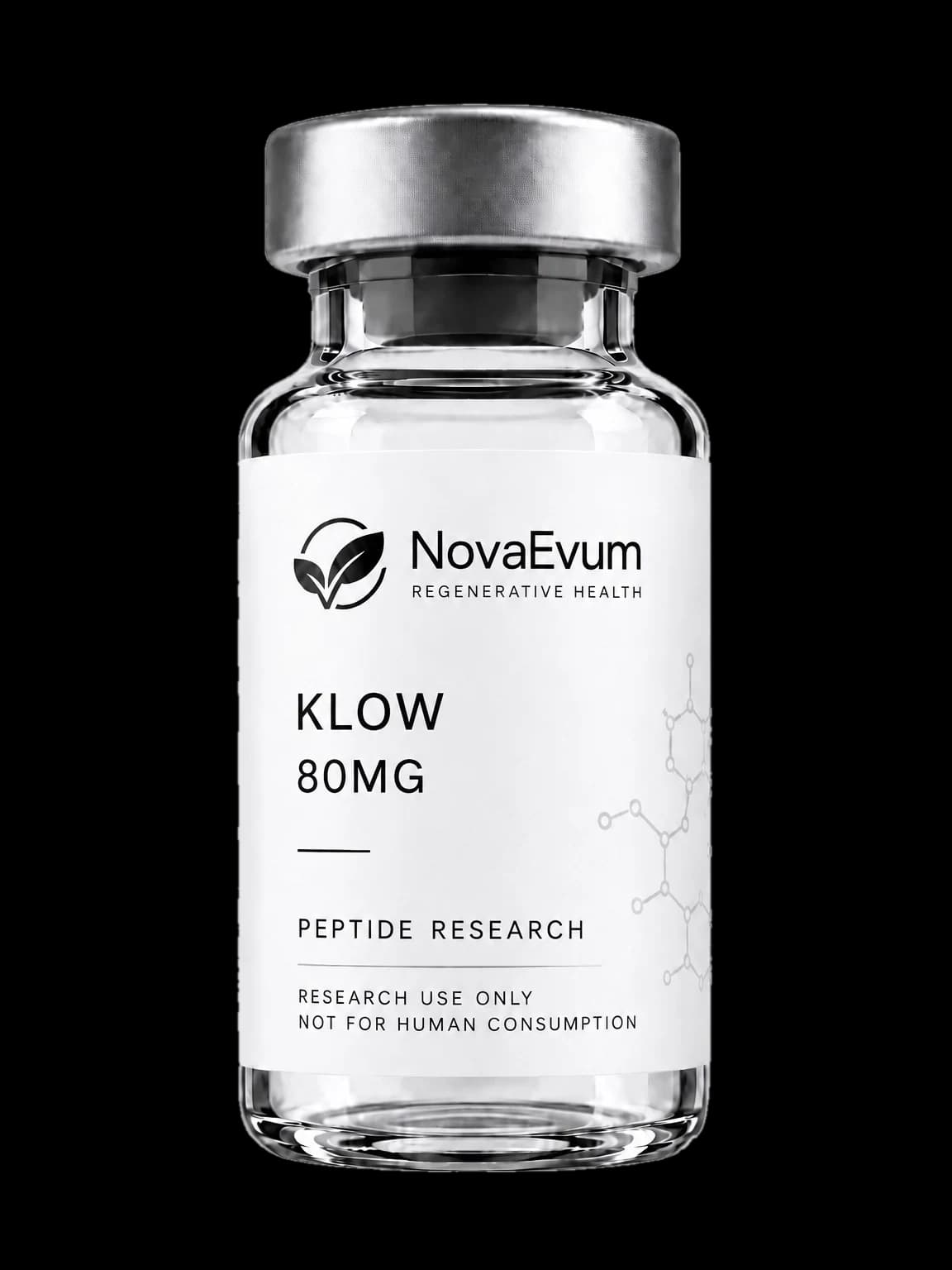 An 80 mg KLOW vial: clear glass with a silver crimped cap, labelled KLOW 80MG, peptide research, research use only.