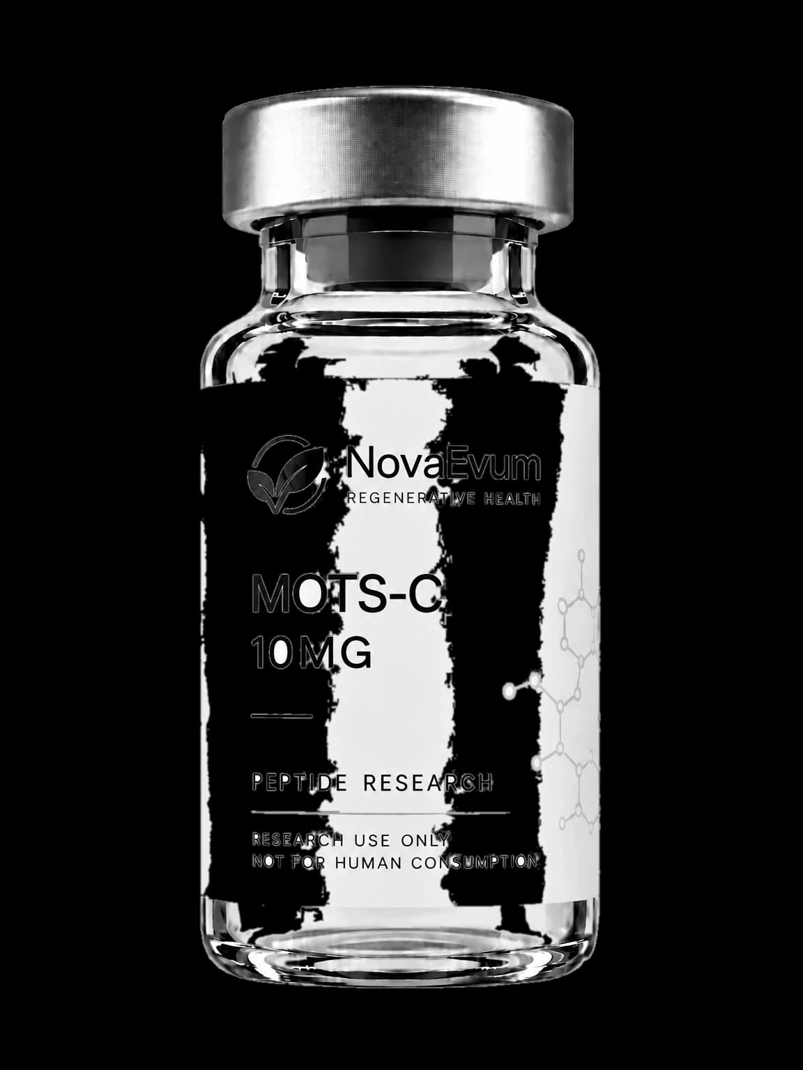 A 10 mg MOTS-c vial: clear glass with a silver crimped cap, labelled MOTS-C 10MG, peptide research, research use only.